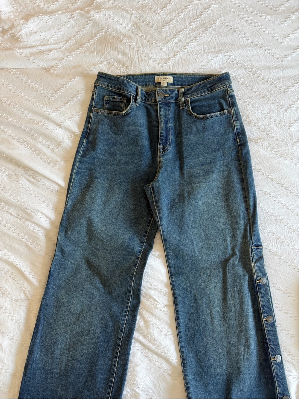 Nili Lotan Medium Blue Flare Jeans with Side Button Detail